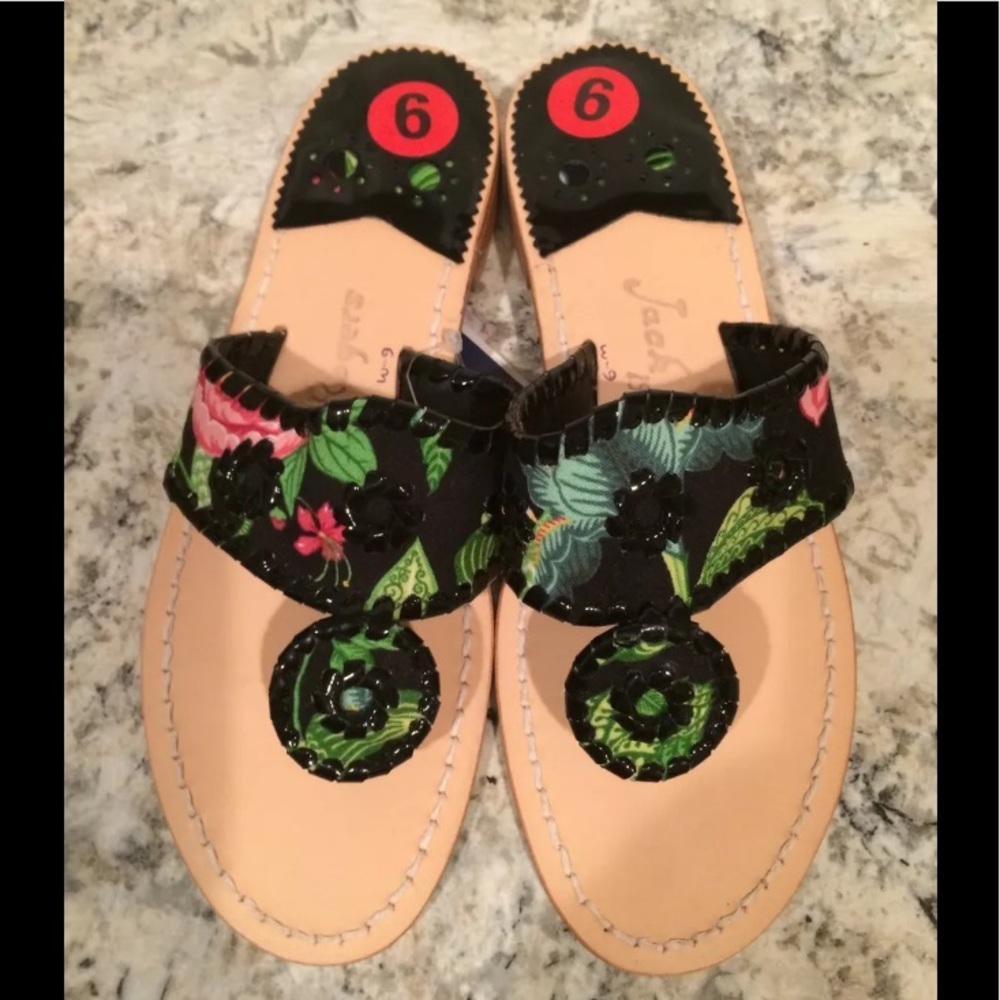 Jack Rogers flip flops sandals black floral 6